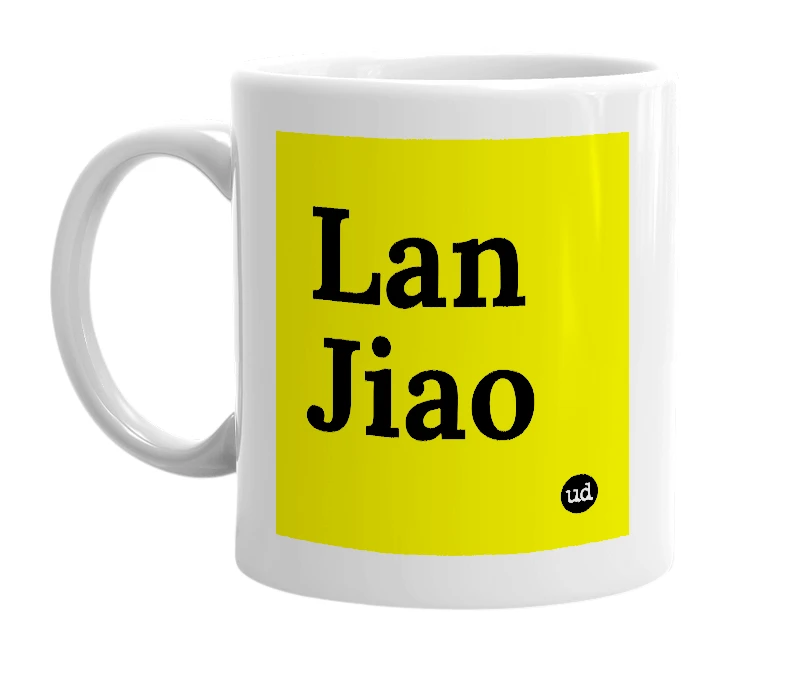 White mug with 'Lan Jiao' in bold black letters