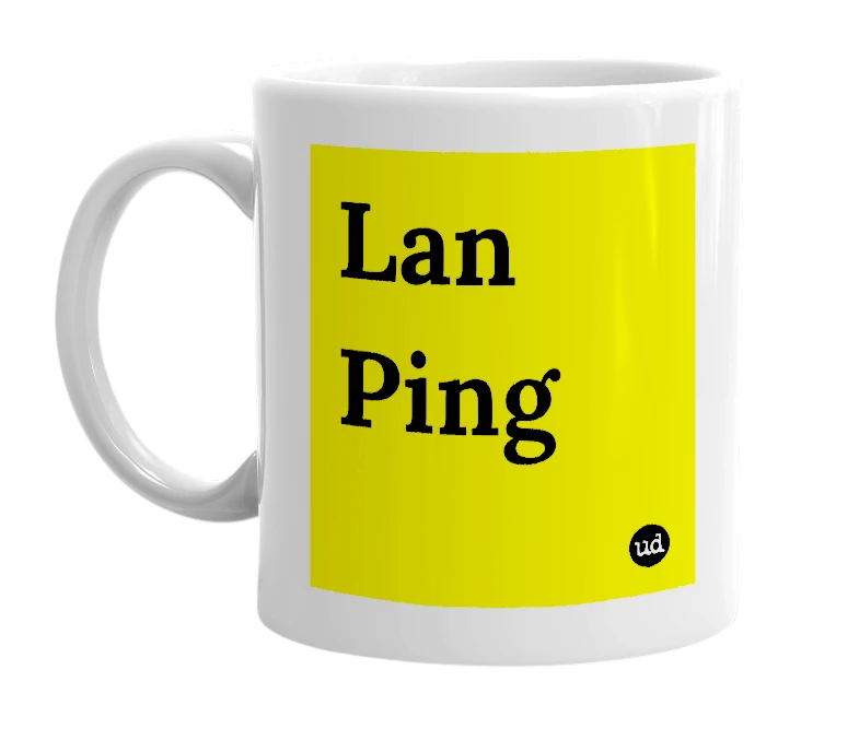 White mug with 'Lan Ping' in bold black letters