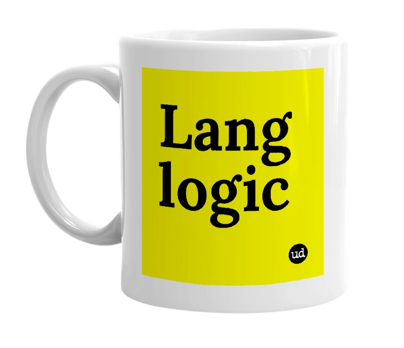 White mug with 'Lang logic' in bold black letters