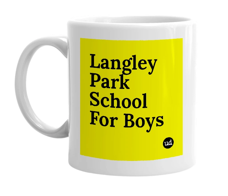 White mug with 'Langley Park School For Boys' in bold black letters