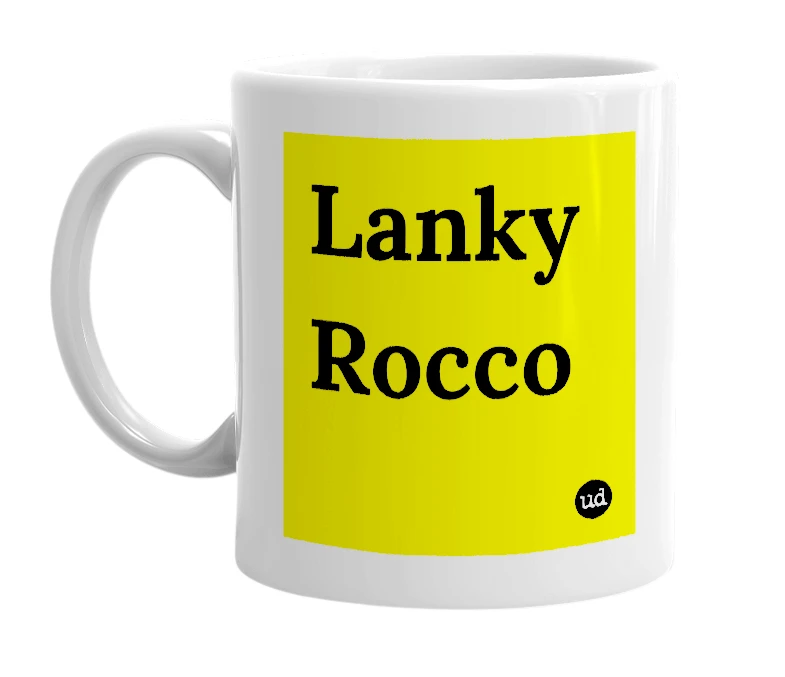 White mug with 'Lanky Rocco' in bold black letters