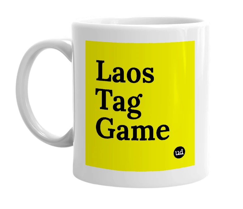 White mug with 'Laos Tag Game' in bold black letters