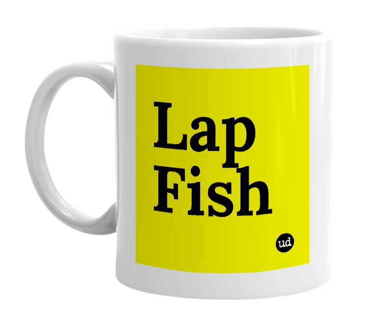 White mug with 'Lap Fish' in bold black letters