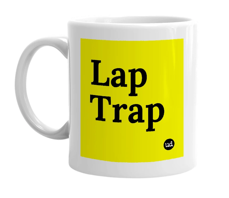 White mug with 'Lap Trap' in bold black letters