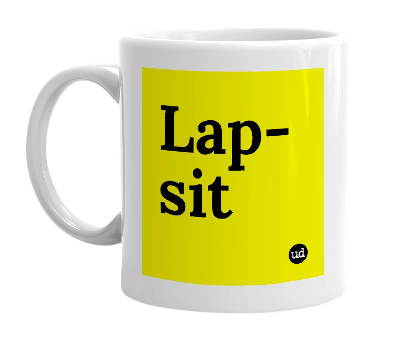 White mug with 'Lap-sit' in bold black letters
