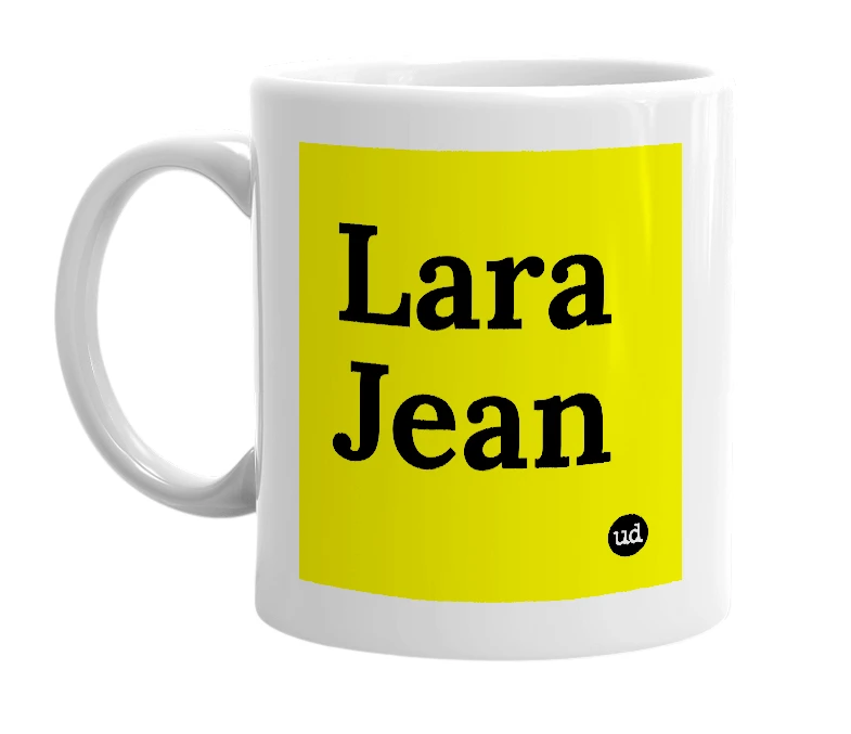 White mug with 'Lara Jean' in bold black letters