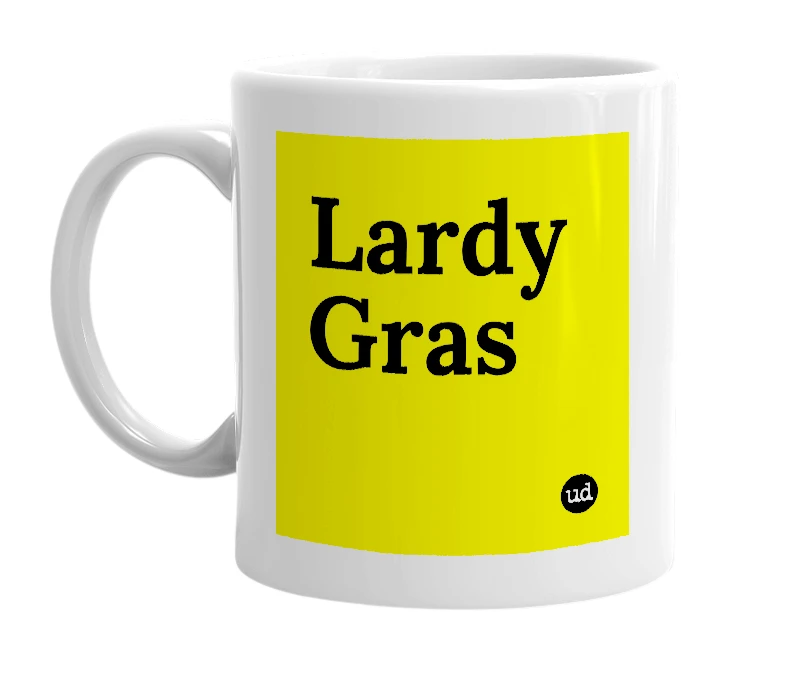 White mug with 'Lardy Gras' in bold black letters