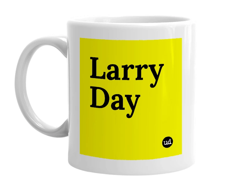 White mug with 'Larry Day' in bold black letters