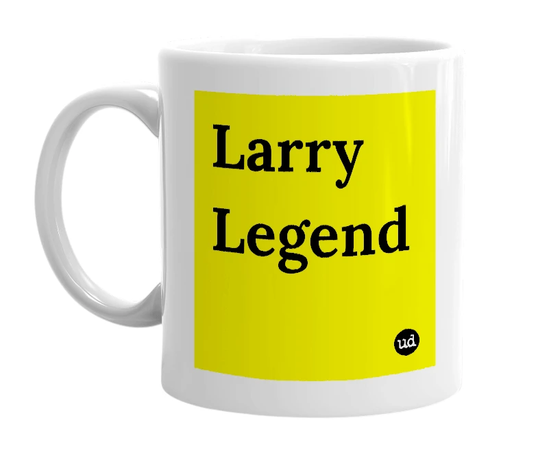 White mug with 'Larry Legend' in bold black letters