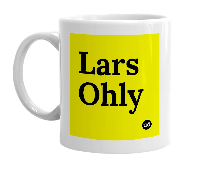 White mug with 'Lars Ohly' in bold black letters