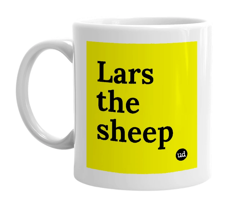 White mug with 'Lars the sheep' in bold black letters