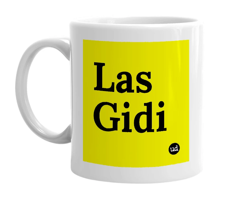 White mug with 'Las Gidi' in bold black letters