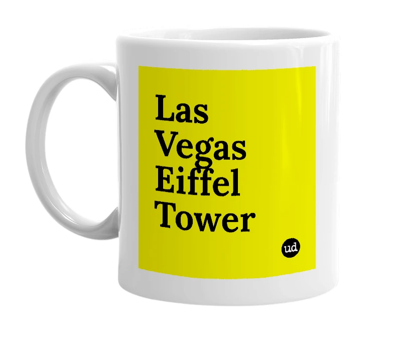 White mug with 'Las Vegas Eiffel Tower' in bold black letters