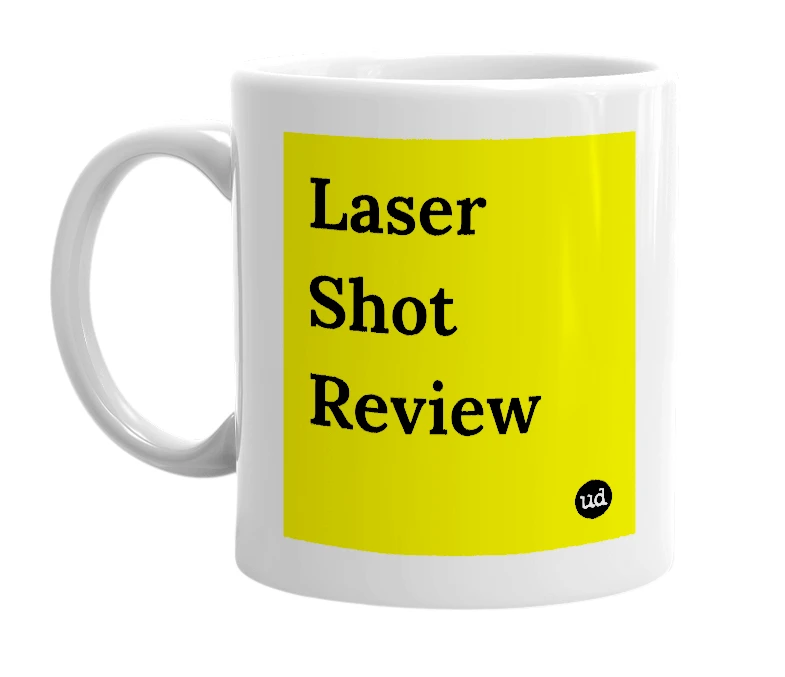 White mug with 'Laser Shot Review' in bold black letters