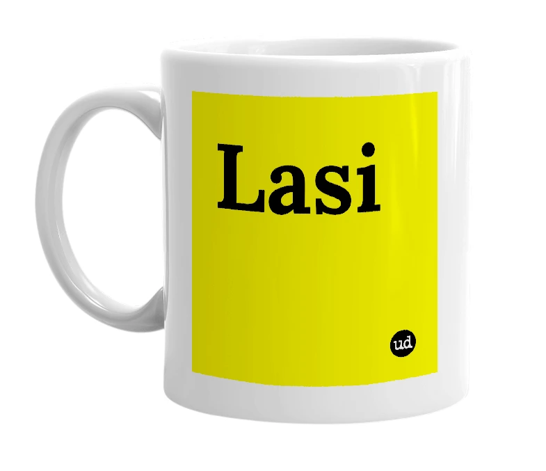 White mug with 'Lasi' in bold black letters