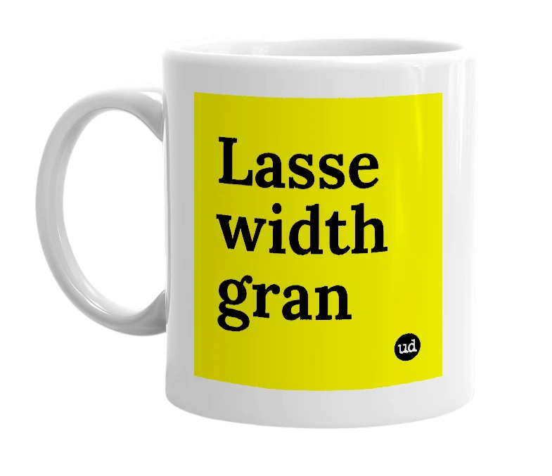 White mug with 'Lasse width gran' in bold black letters