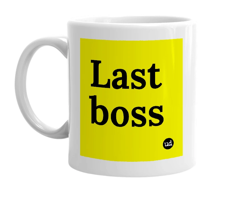 White mug with 'Last boss' in bold black letters