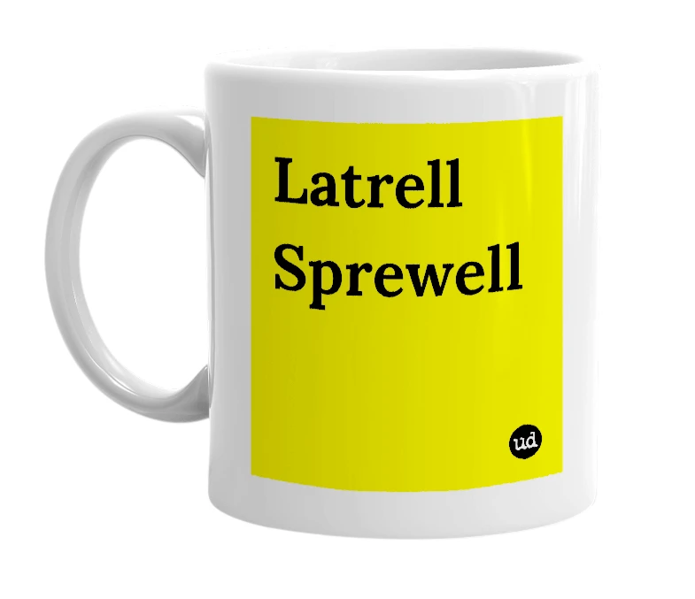White mug with 'Latrell Sprewell' in bold black letters
