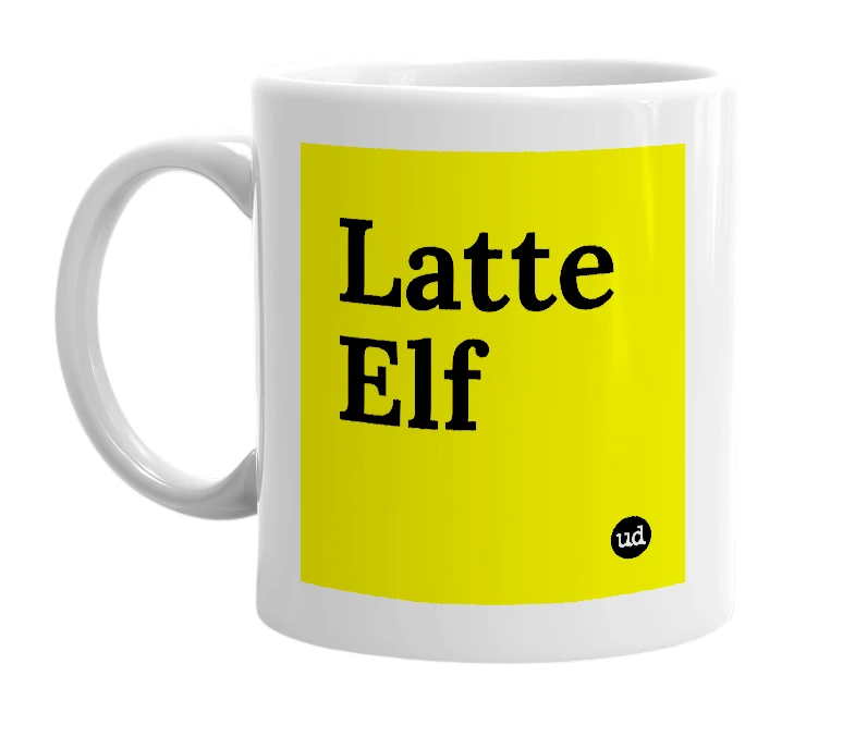 White mug with 'Latte Elf' in bold black letters