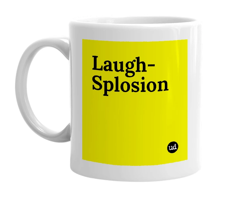 White mug with 'Laugh-Splosion' in bold black letters