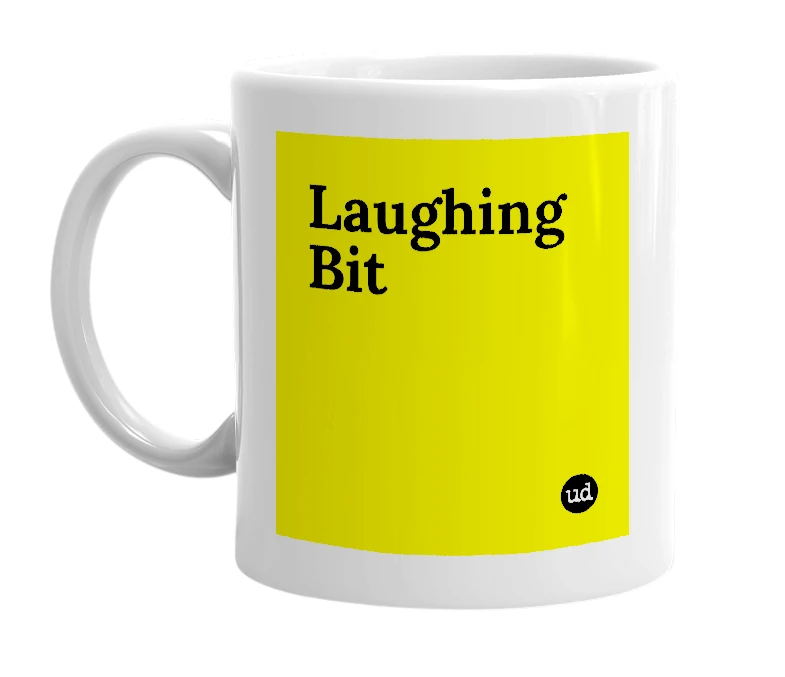 White mug with 'Laughing Bit' in bold black letters