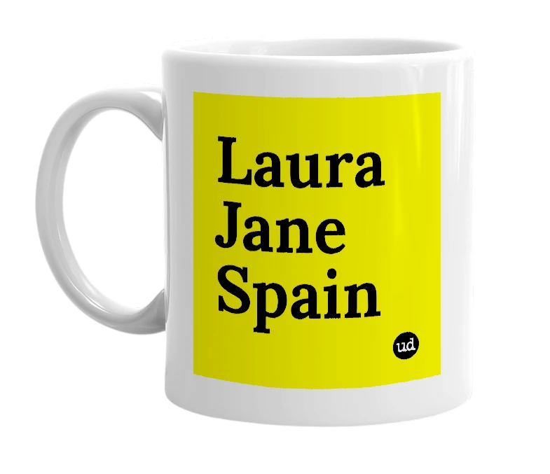 White mug with 'Laura Jane Spain' in bold black letters