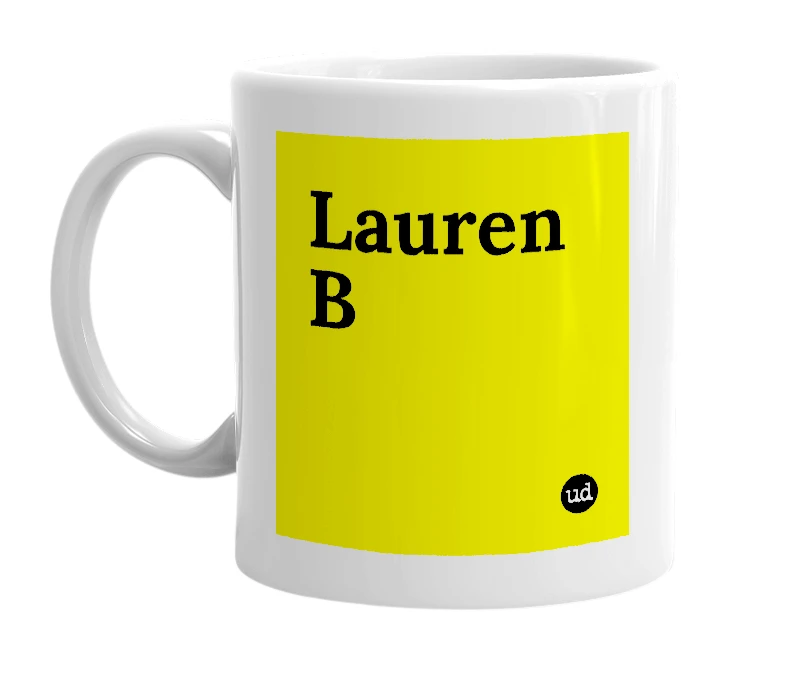 White mug with 'Lauren B' in bold black letters