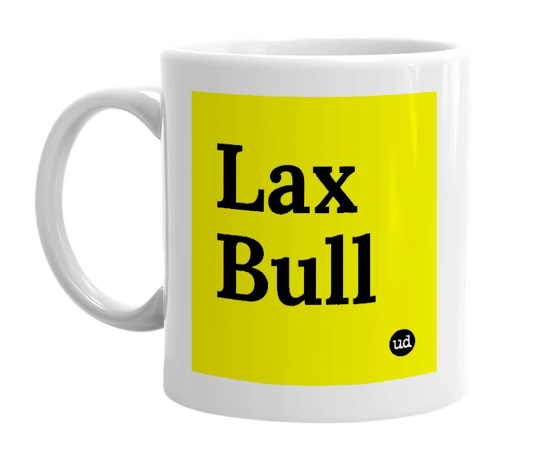 White mug with 'Lax Bull' in bold black letters