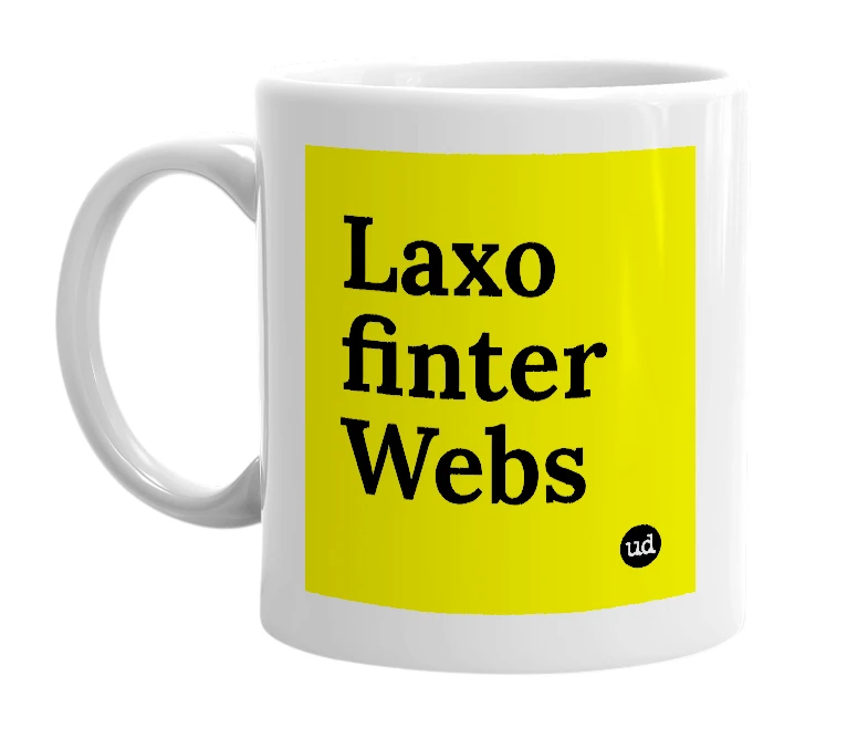 White mug with 'Laxo finter Webs' in bold black letters