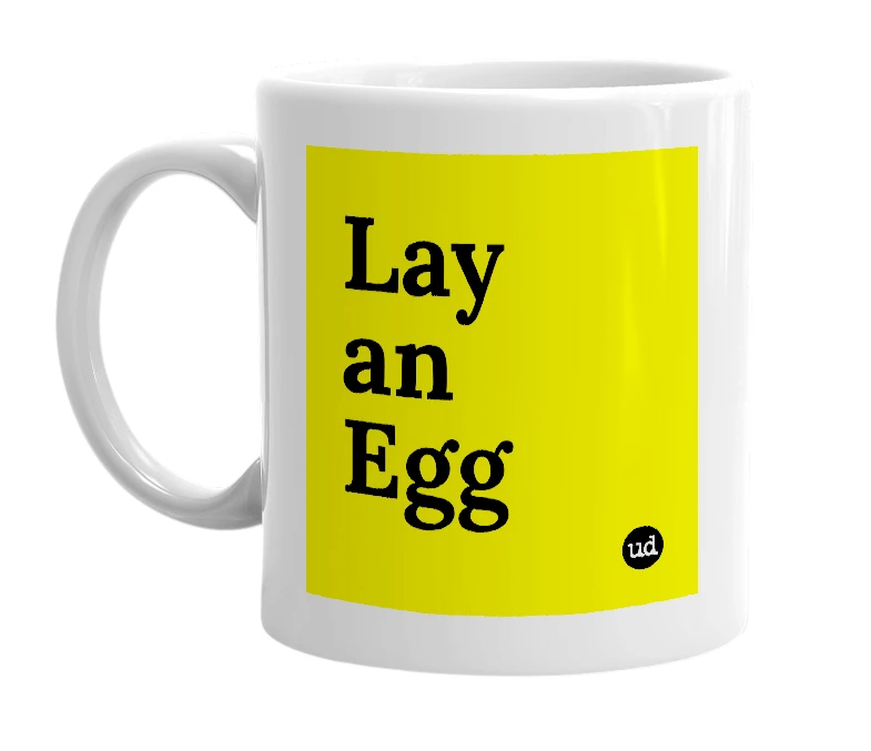 White mug with 'Lay an Egg' in bold black letters