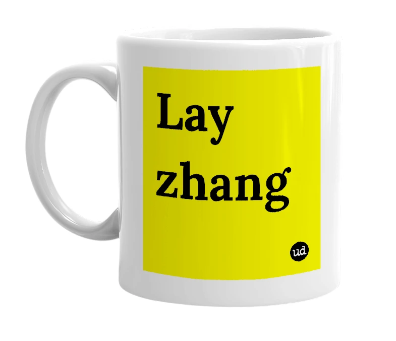 White mug with 'Lay zhang' in bold black letters