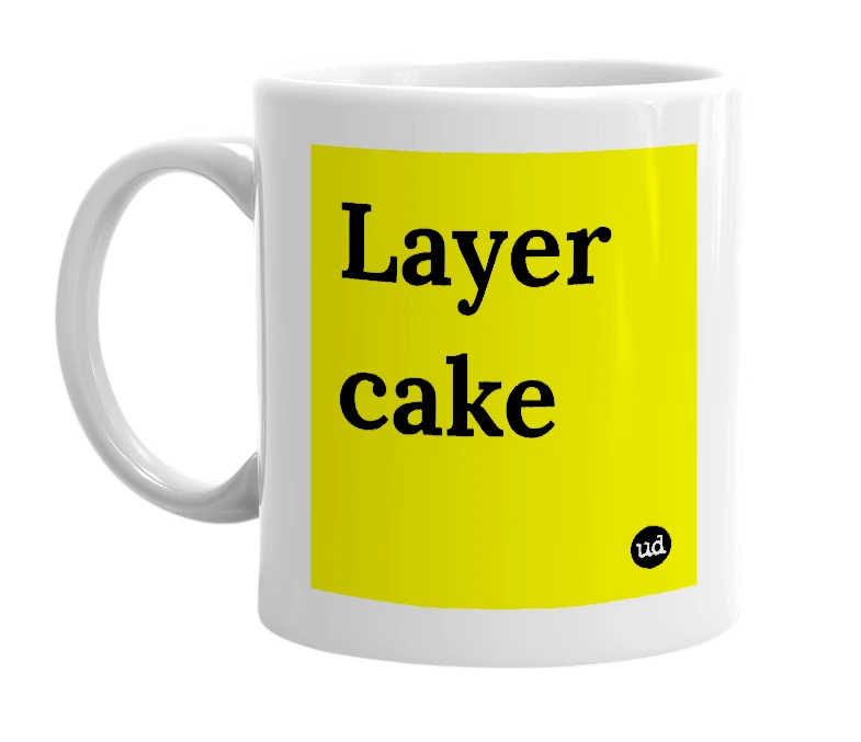 White mug with 'Layer cake' in bold black letters