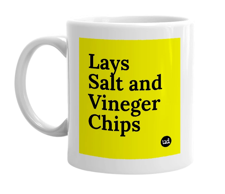 White mug with 'Lays Salt and Vineger Chips' in bold black letters