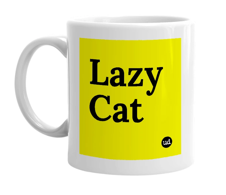 White mug with 'Lazy Cat' in bold black letters