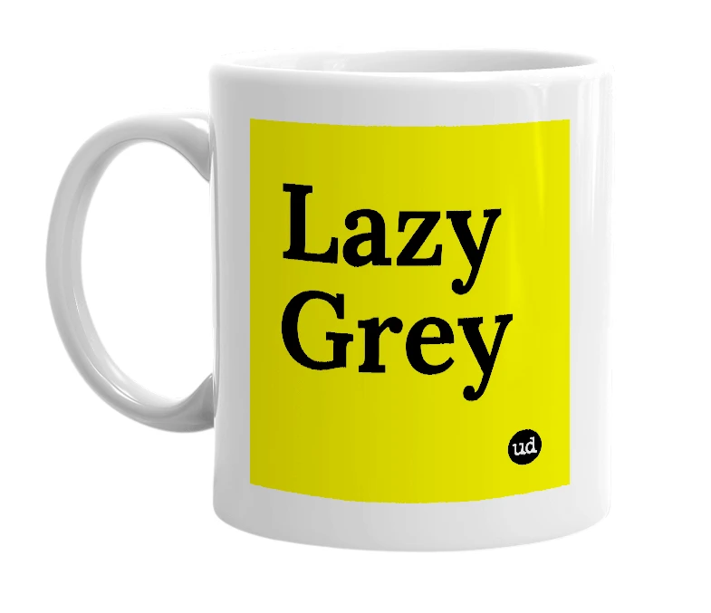 White mug with 'Lazy Grey' in bold black letters