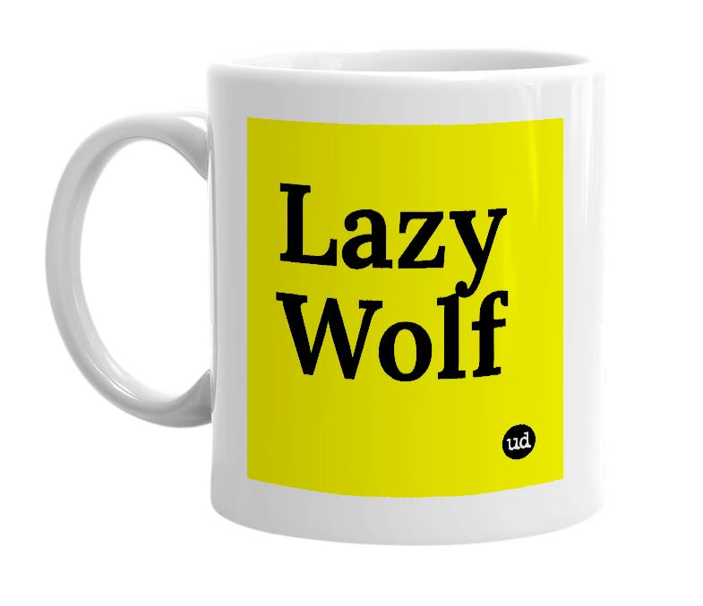 White mug with 'Lazy Wolf' in bold black letters