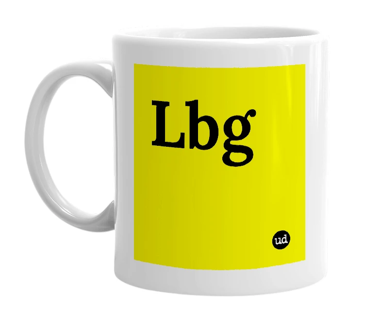 White mug with 'Lbg' in bold black letters