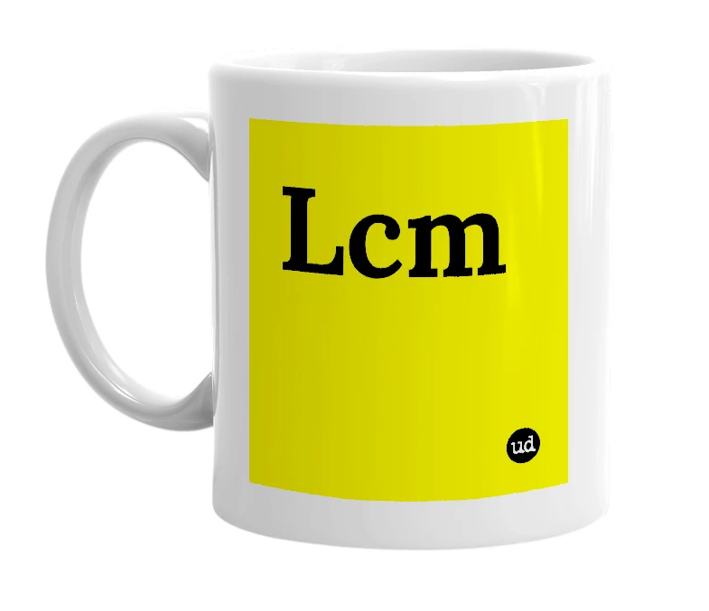 White mug with 'Lcm' in bold black letters