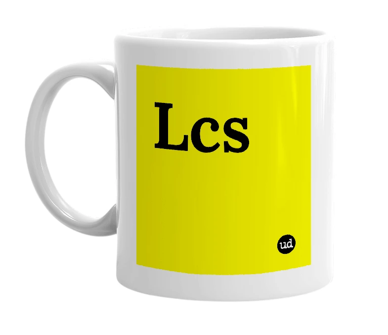 White mug with 'Lcs' in bold black letters