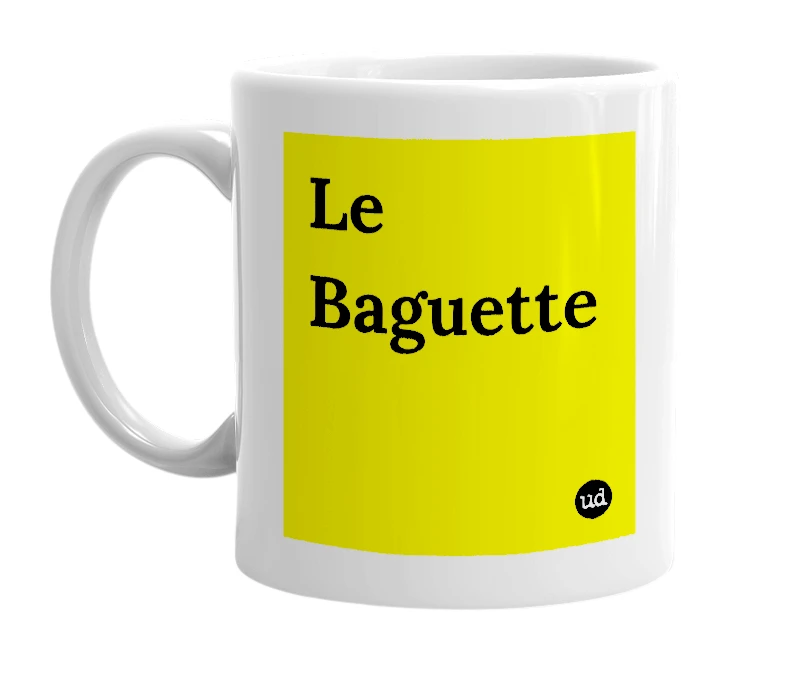 White mug with 'Le Baguette' in bold black letters
