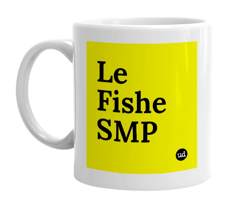 White mug with 'Le Fishe SMP' in bold black letters