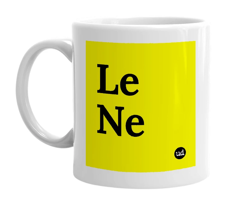 White mug with 'Le Ne' in bold black letters