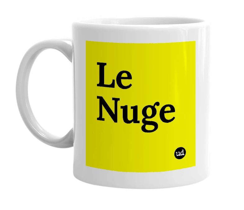 White mug with 'Le Nuge' in bold black letters