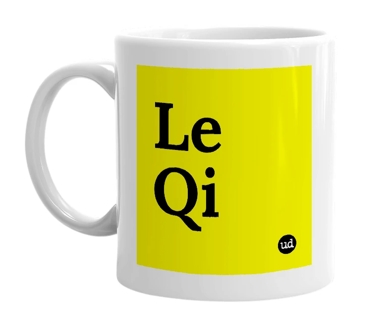 White mug with 'Le Qi' in bold black letters