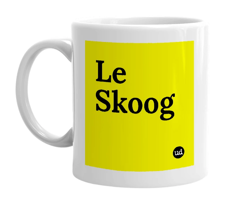 White mug with 'Le Skoog' in bold black letters