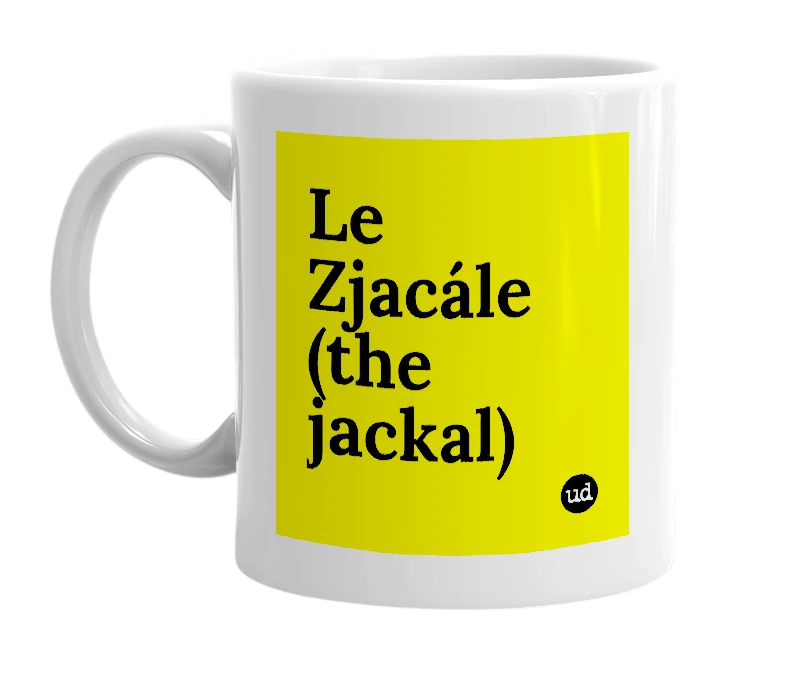 White mug with 'Le Zjacále (the jackal)' in bold black letters