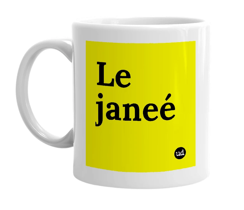 White mug with 'Le janeé' in bold black letters