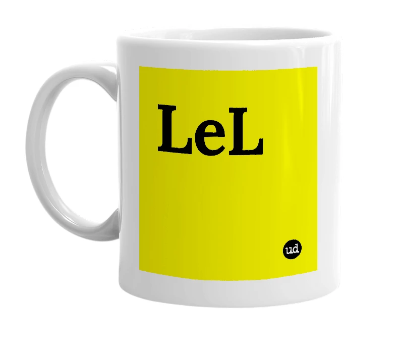 White mug with 'LeL' in bold black letters