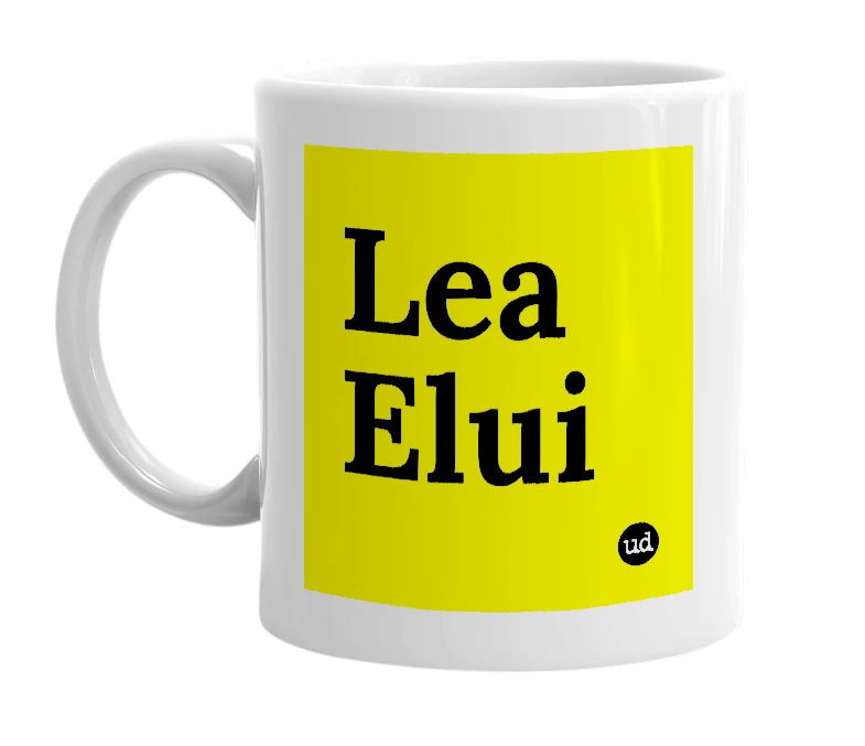 White mug with 'Lea Elui' in bold black letters