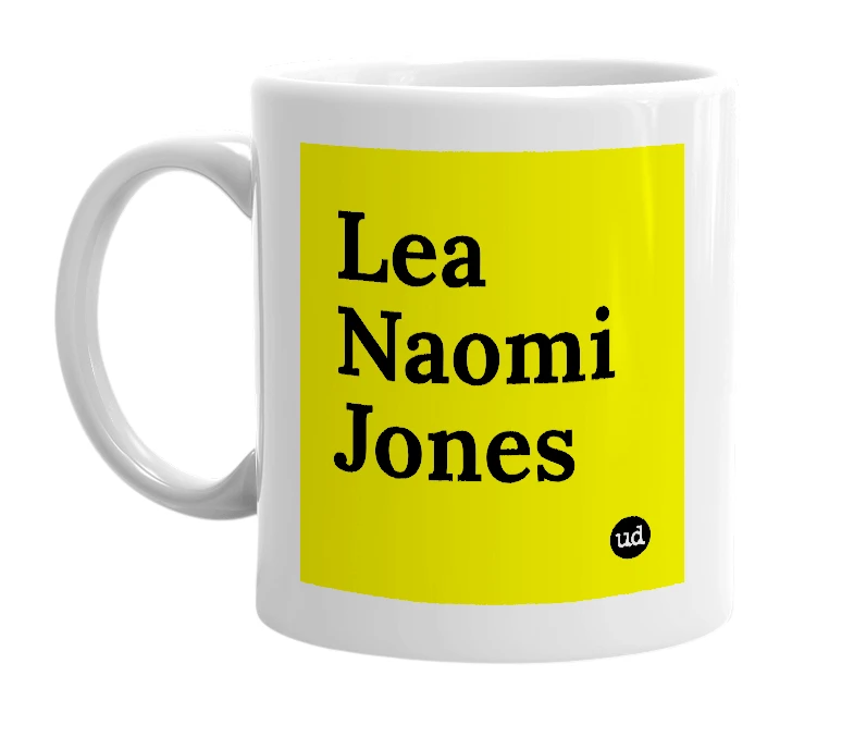 White mug with 'Lea Naomi Jones' in bold black letters
